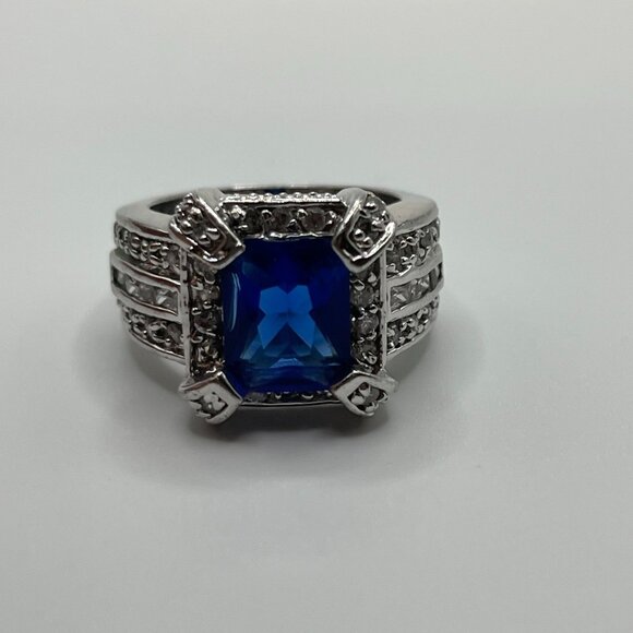 Silver 925 Ring With Blue Emerald-Cut Center Stone & Accent Crystals Elegant - Picture 1 of 7
